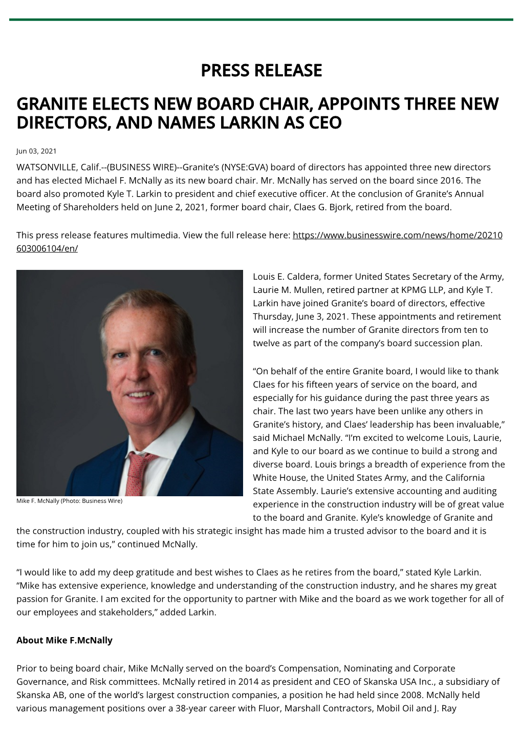 Press Release Granite Elects New Board Chair, Appoints Three New Directors, and Names Larkin As Ceo