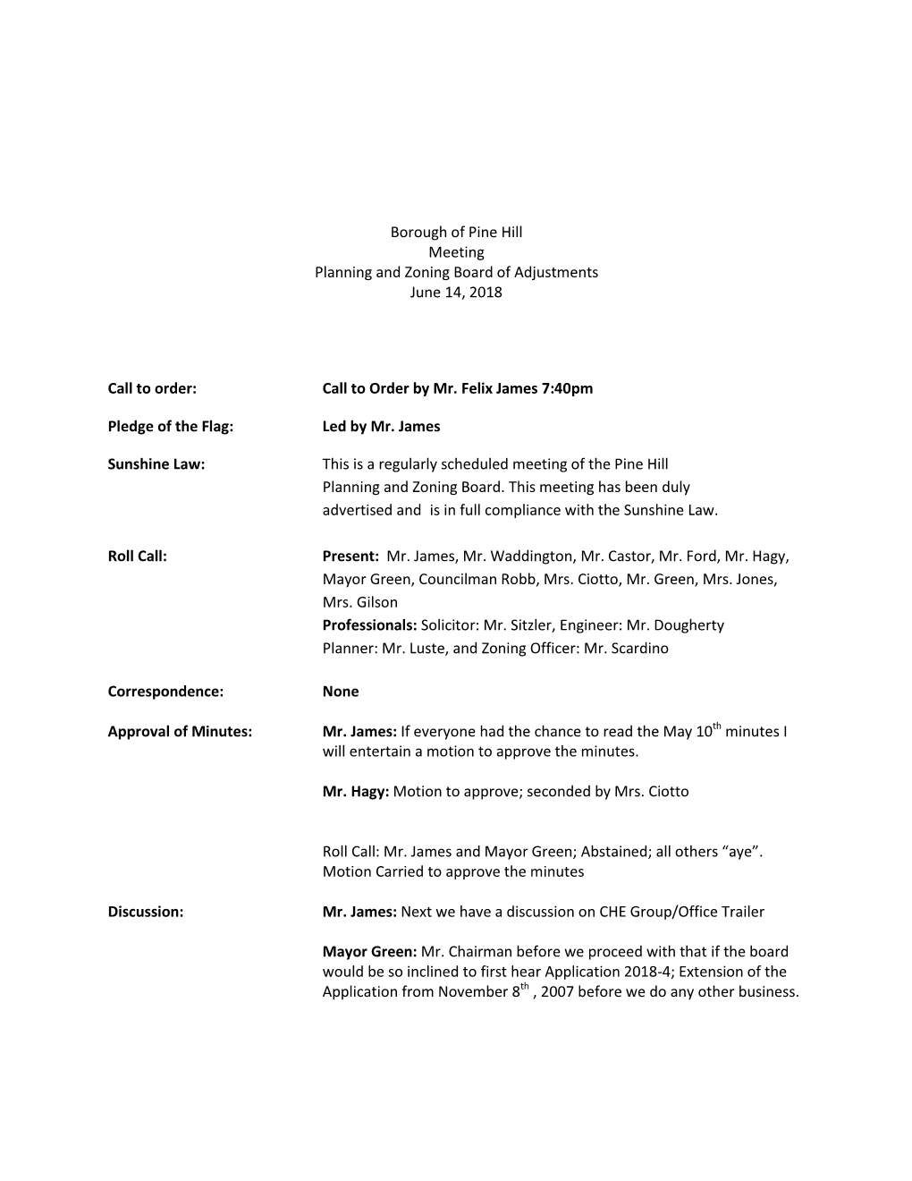 Borough of Pine Hill Meeting Planning and Zoning Board of Adjustments June 14, 2018