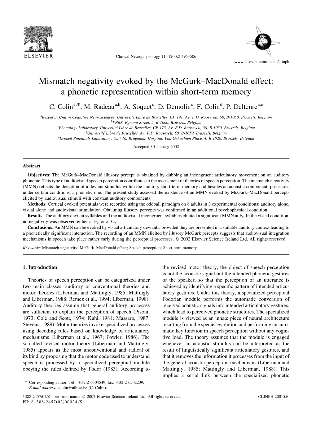 Mismatch Negativity Evoked by the Mcgurk–Macdonald Effect: a Phonetic Representation Within Short-Term Memory