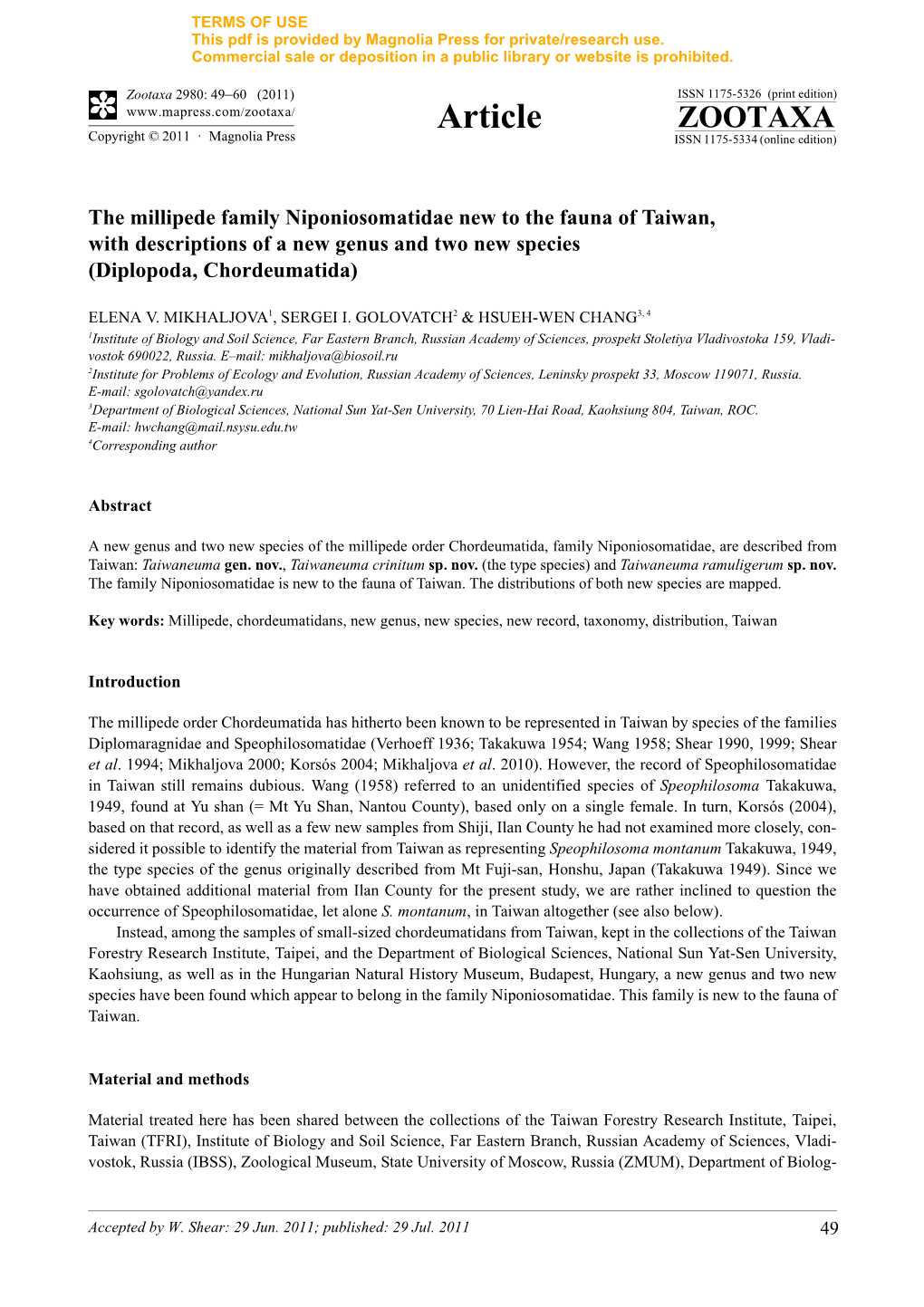 The Millipede Family Niponiosomatidae New to the Fauna of Taiwan, with Descriptions of a New Genus and Two New Species (Diplopoda, Chordeumatida)