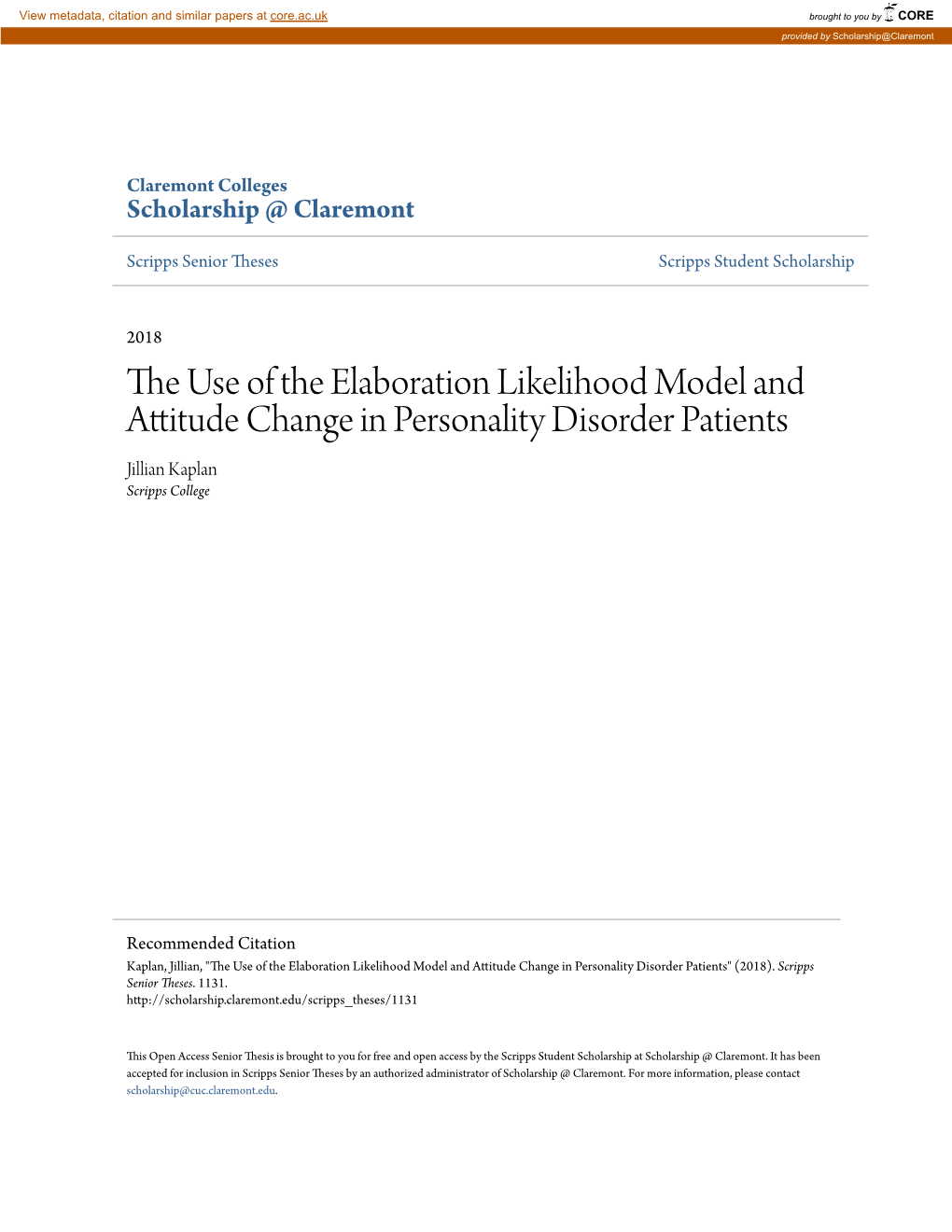 The Use of the Elaboration Likelihood Model and Attitude Change in Personality Disorder Patients