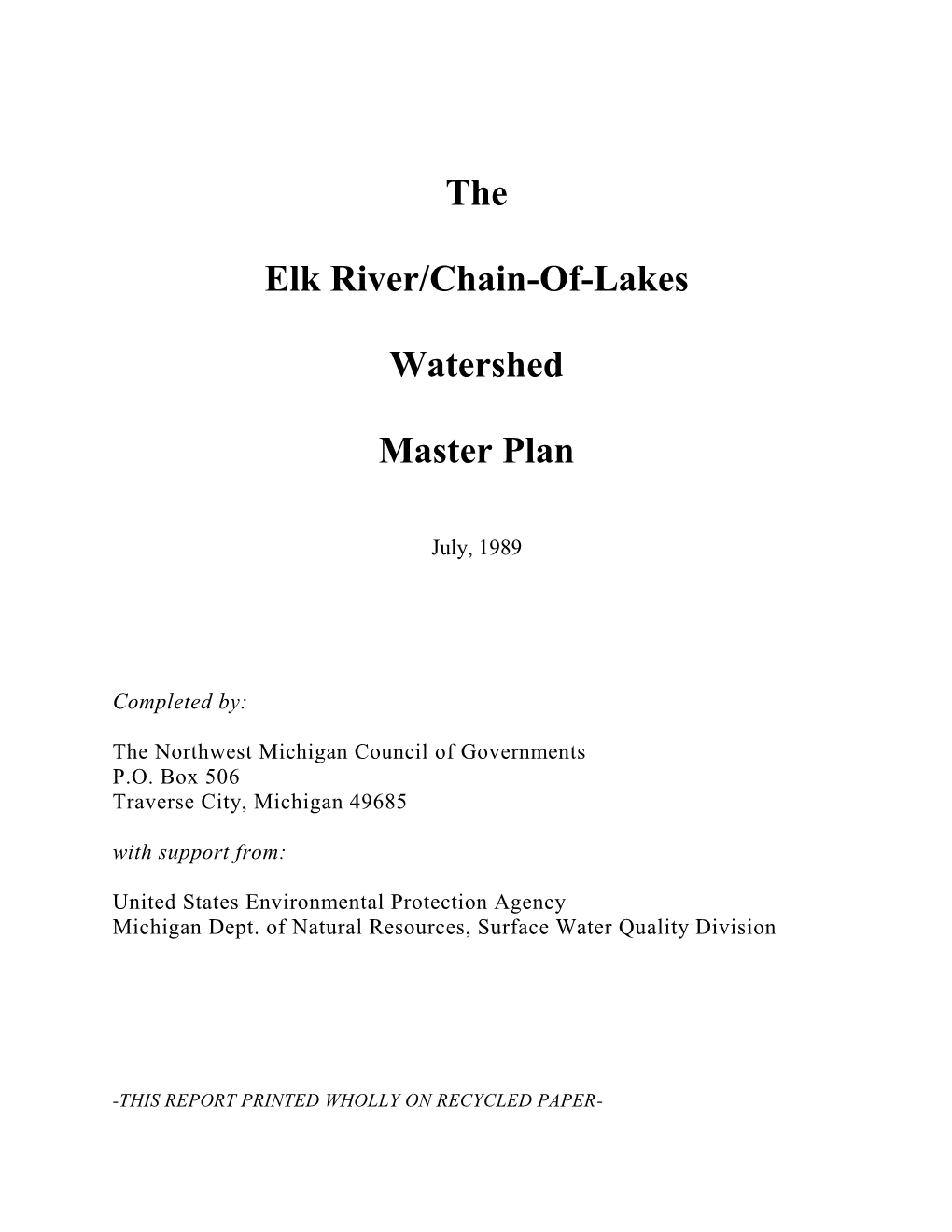 The Elk River/Chain-Of-Lakes Watershed Master Plan