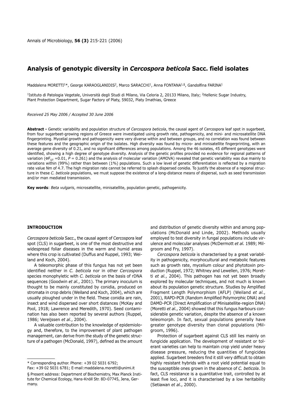Analysis of Genotypic Diversity in Cercospora Beticola Sacc. Field Isolates