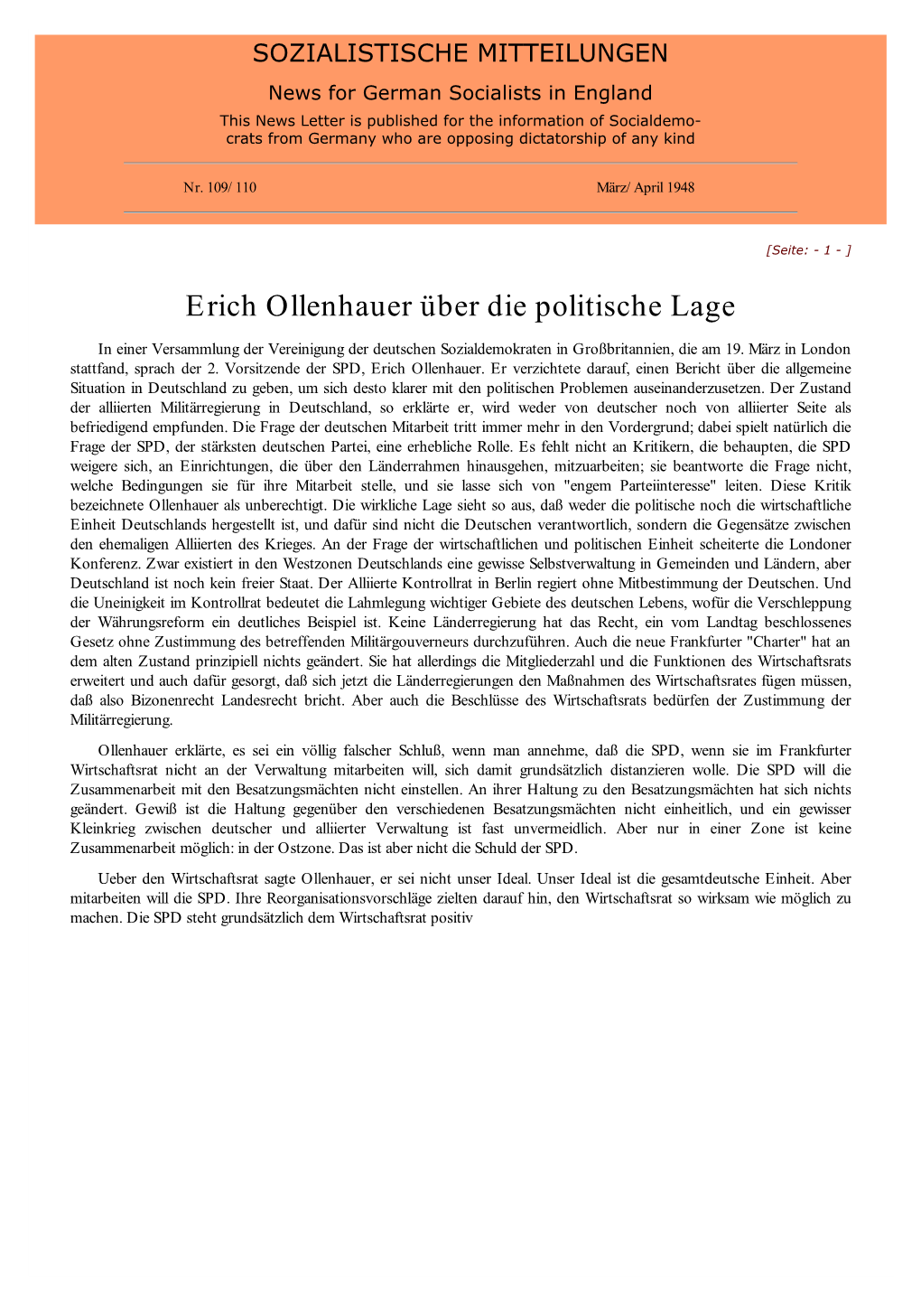 Erich Ollenhauer Über Die Politische Lage