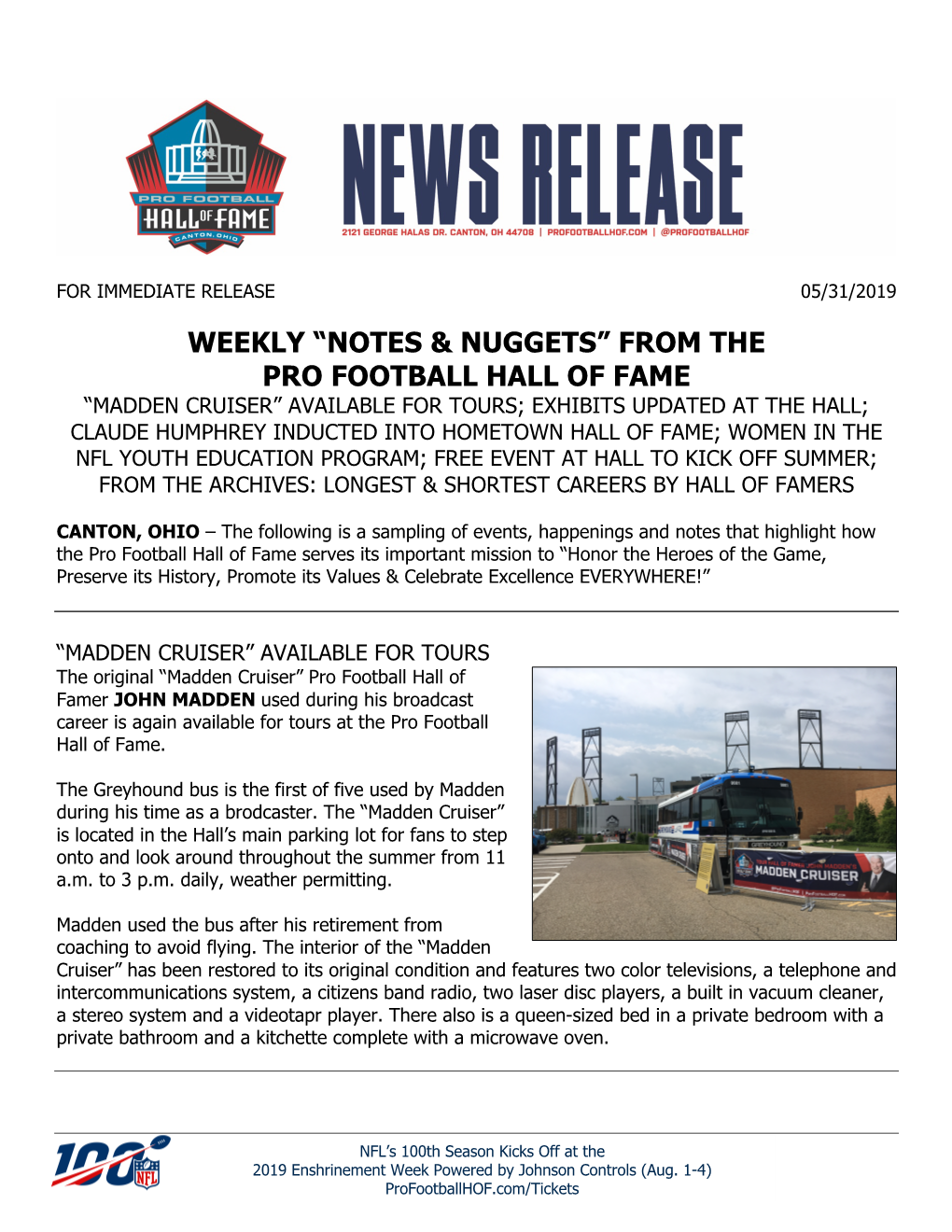 Weekly “Notes & Nuggets” from the Pro Football Hall of Fame