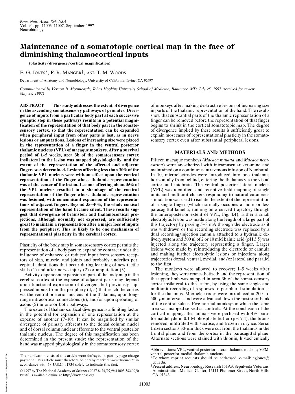 Maintenance of a Somatotopic Cortical Map in the Face of Diminishing Thalamocortical Inputs (Plasticity͞divergence͞cortical Magnification)