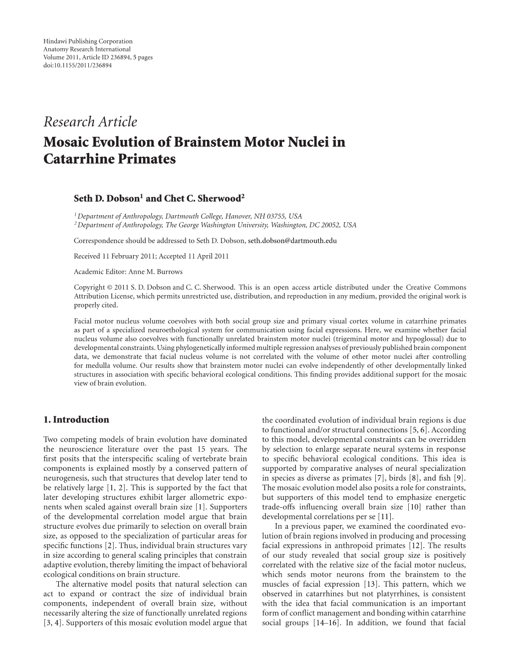 Mosaic Evolution of Brainstem Motor Nuclei in Catarrhine Primates