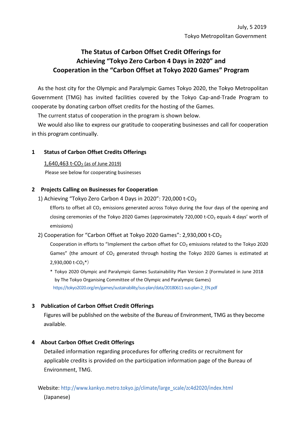 And Cooperation in the “Carbon Offset at Tokyo 2020 Games” Program