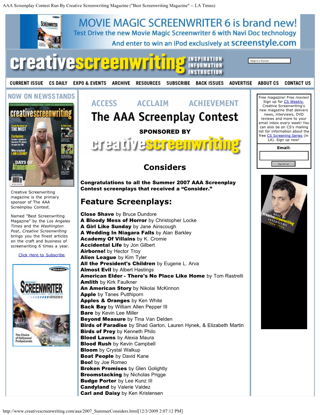 AAA Screenplay Contest Run by Creative Screenwriting Magazine ("Best Screenwriting Magazine" -- LA Times)