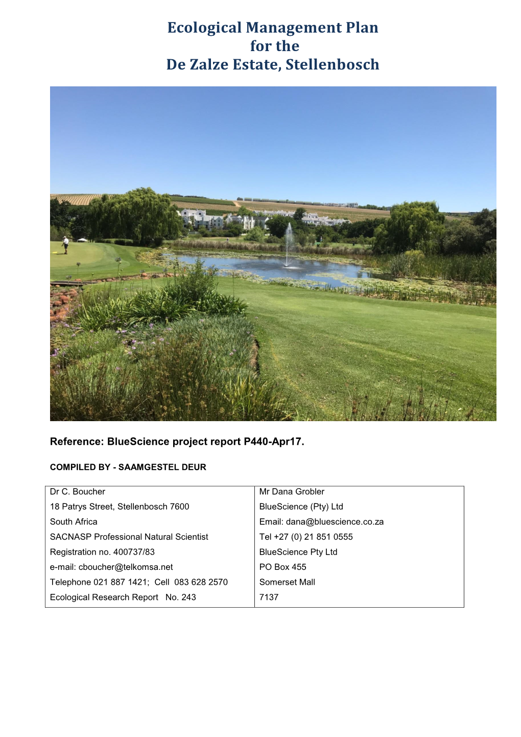 Ecological Management Plan for the De Zalze Estate, Stellenbosch