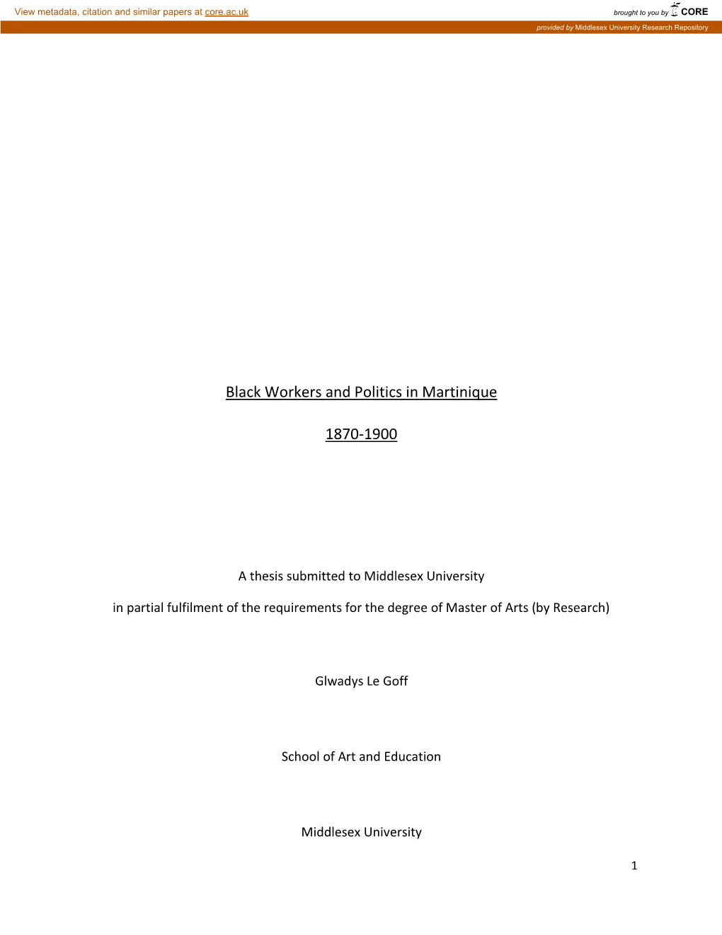 Black Workers and Politics in Martinique 1870-1900