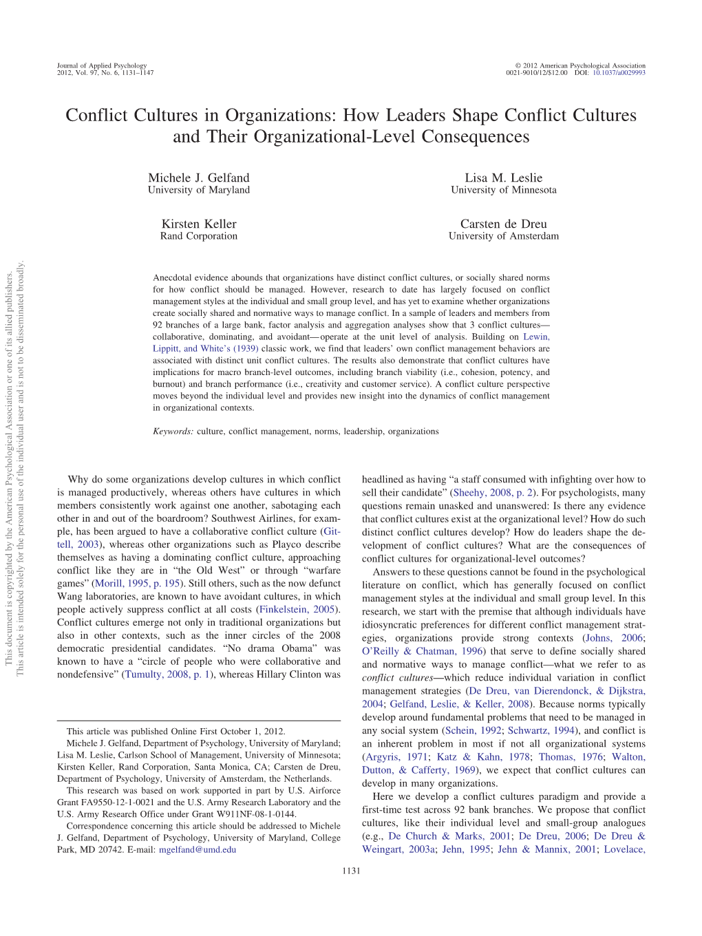 Conflict Cultures in Organizations: How Leaders Shape Conflict Cultures and Their Organizational-Level Consequences