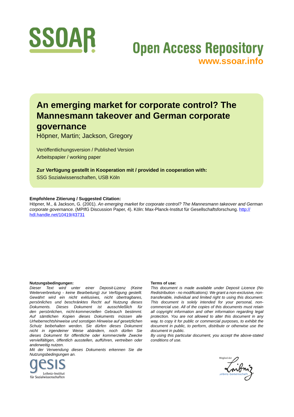 An Emerging Market for Corporate Control? the Mannesmann Takeover and German Corporate Governance Höpner, Martin; Jackson, Gregory