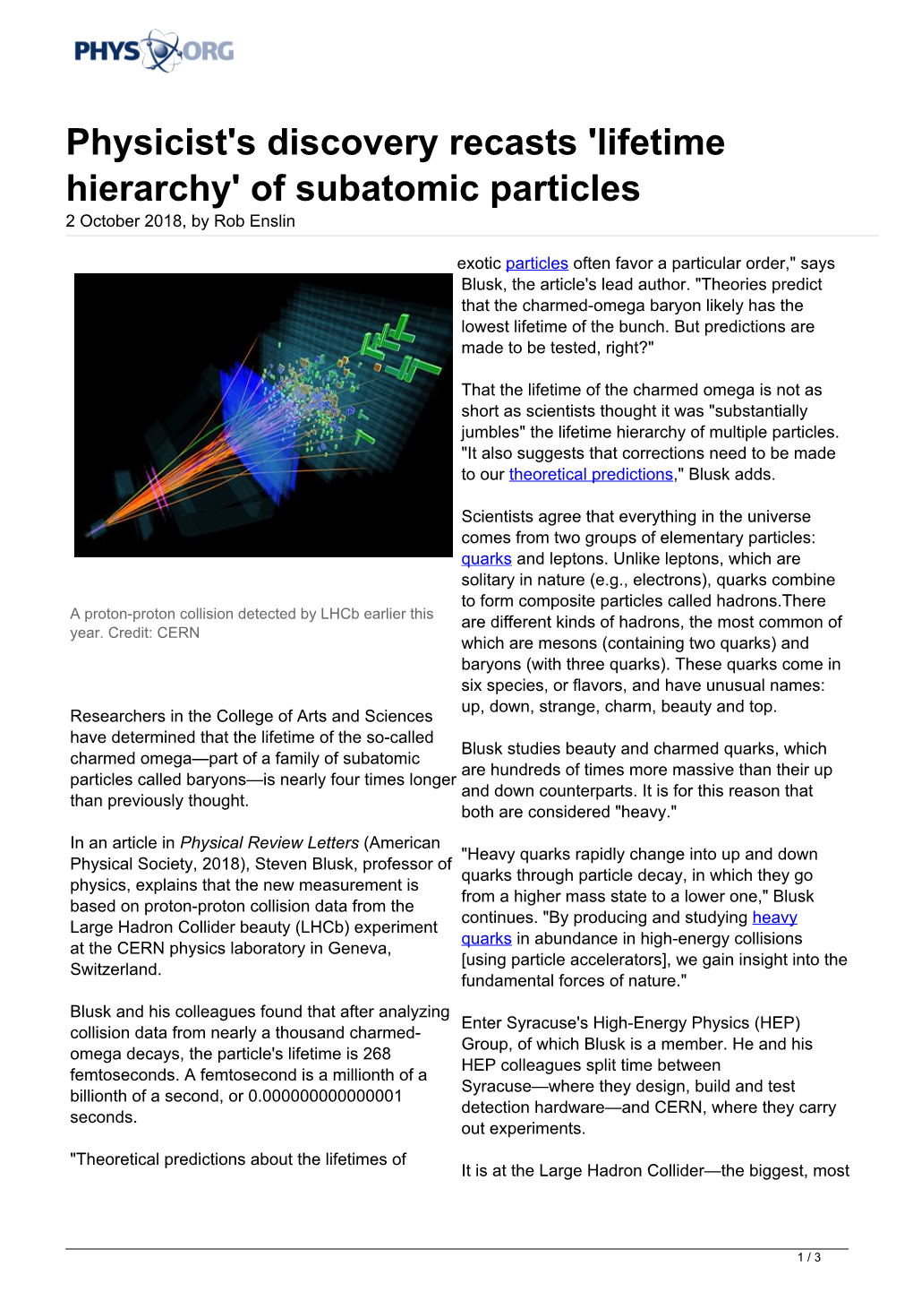 Of Subatomic Particles 2 October 2018, by Rob Enslin