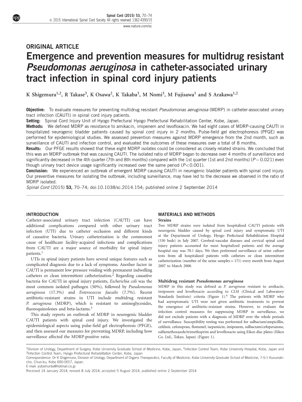 Emergence and Prevention Measures for Multidrug Resistant Pseudomonas Aeruginosa in Catheter-Associated Urinary Tract Infection in Spinal Cord Injury Patients