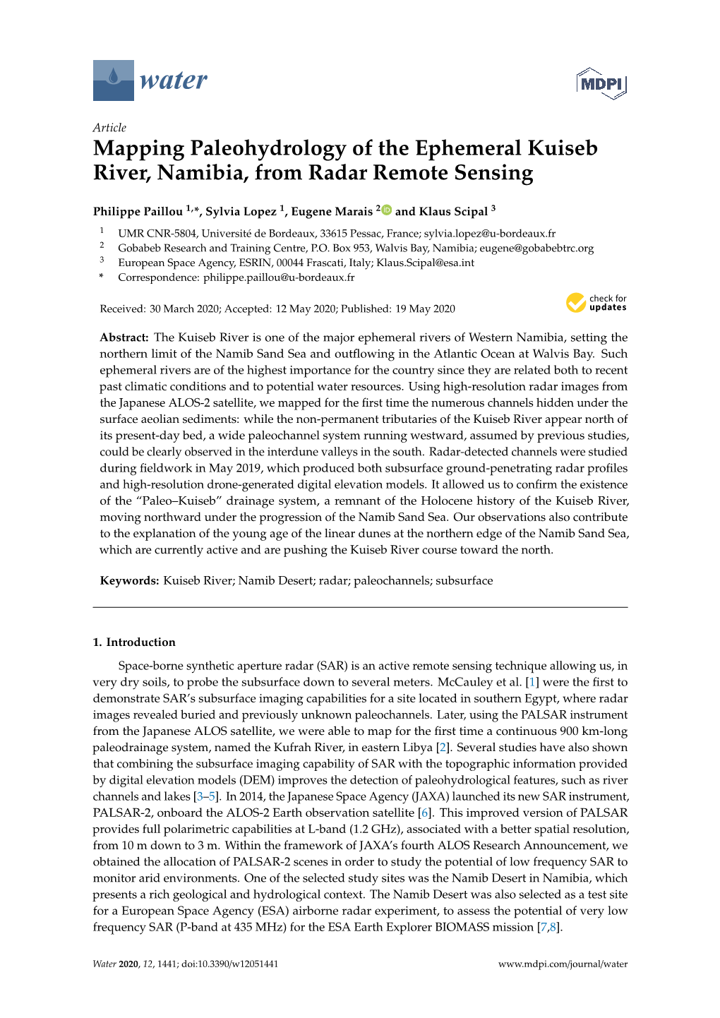 Mapping Paleohydrology of the Ephemeral Kuiseb River, Namibia, from Radar Remote Sensing