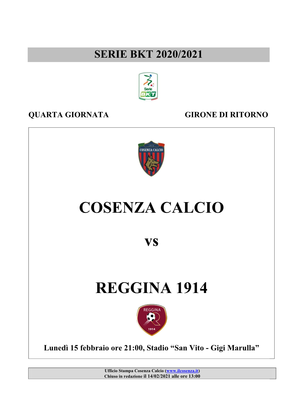 COSENZA CALCIO Vs REGGINA 1914