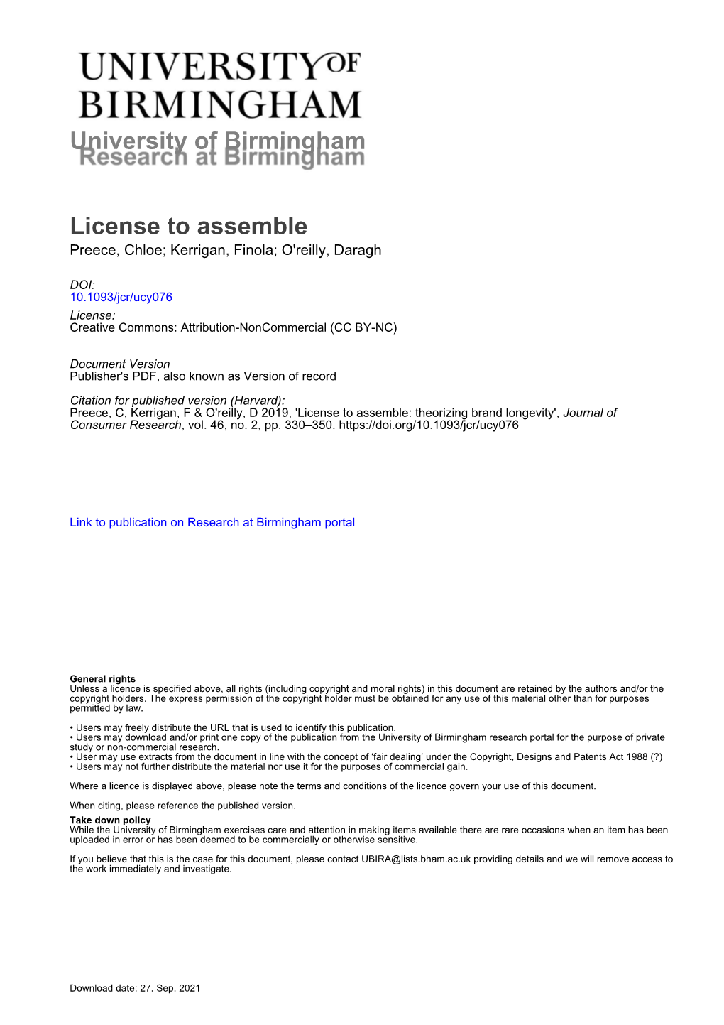 University of Birmingham License to Assemble