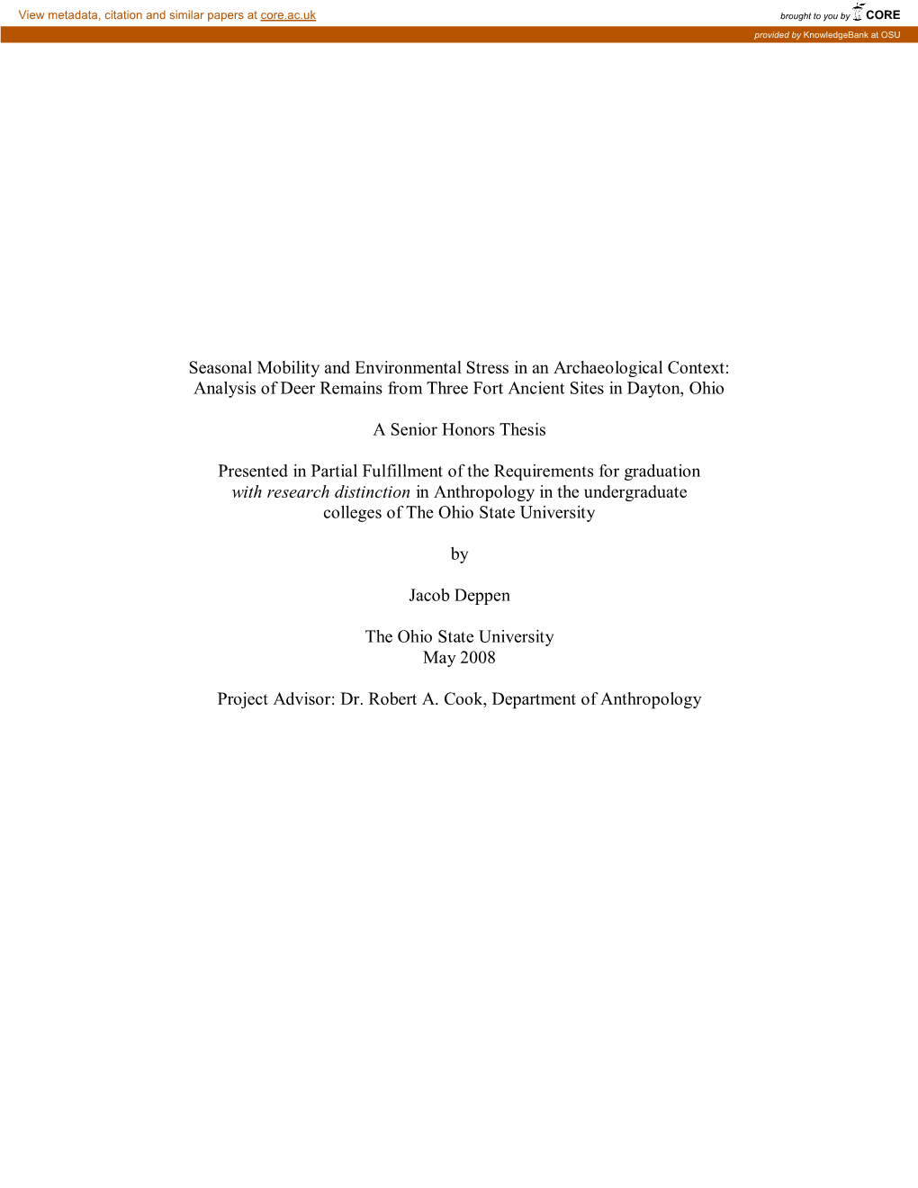 Seasonal Mobility and Environmental Stress in an Archaeological Context: Analysis of Deer Remains from Three Fort Ancient Sites in Dayton, Ohio