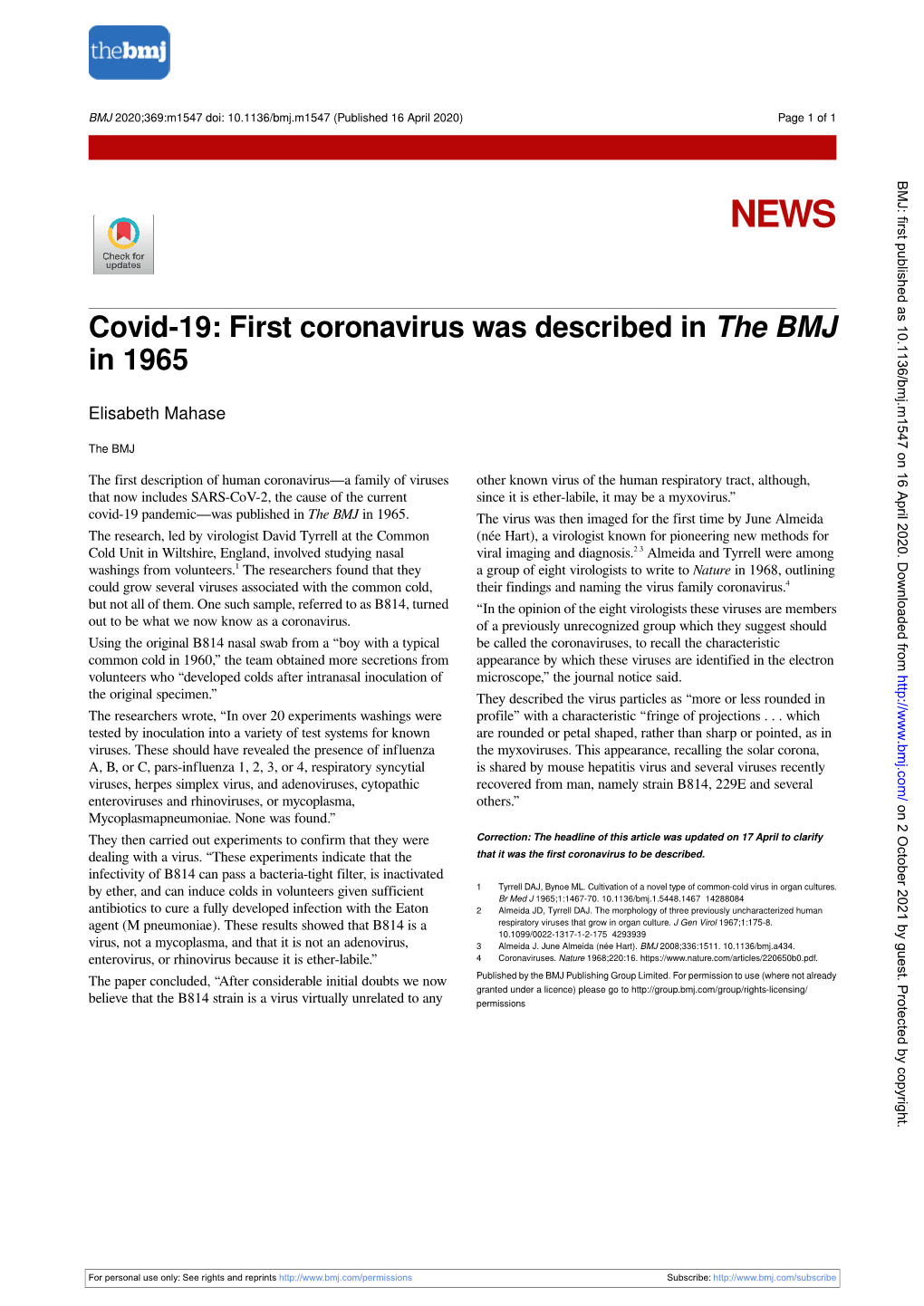 Covid-19: First Coronavirus Was Described in the BMJ in 1965