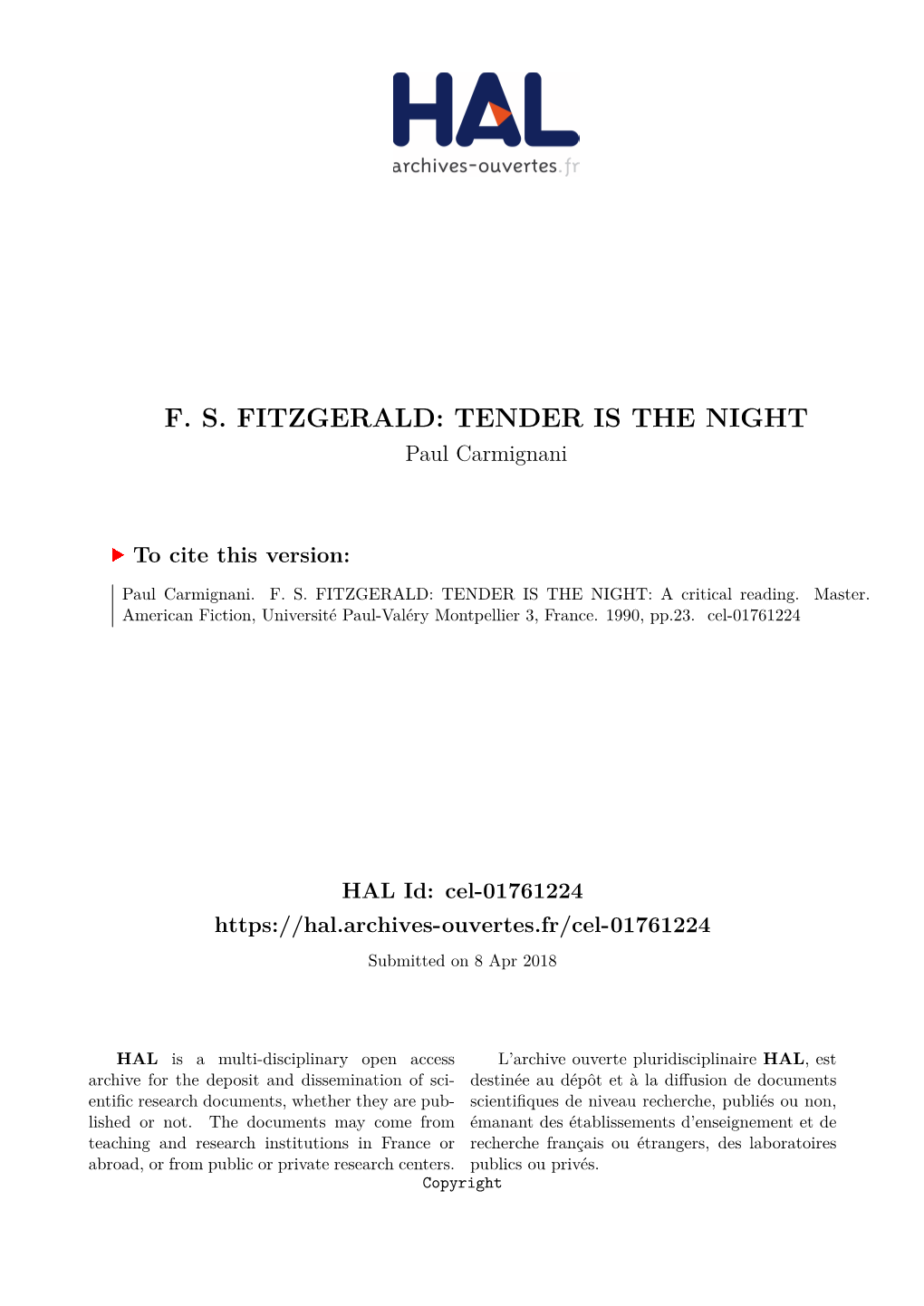 TENDER IS the NIGHT Paul Carmignani