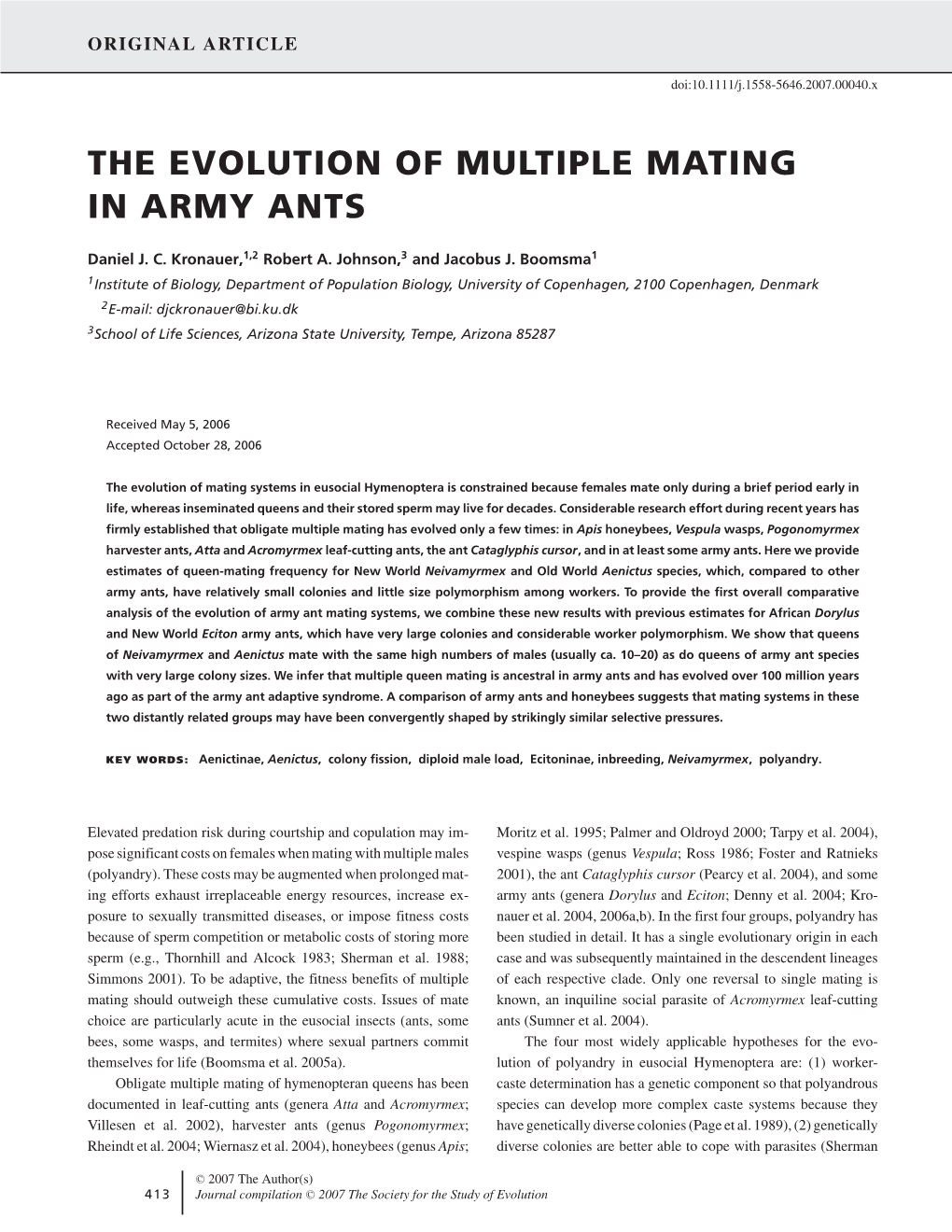 The Evolution of Multiple Mating in Army Ants