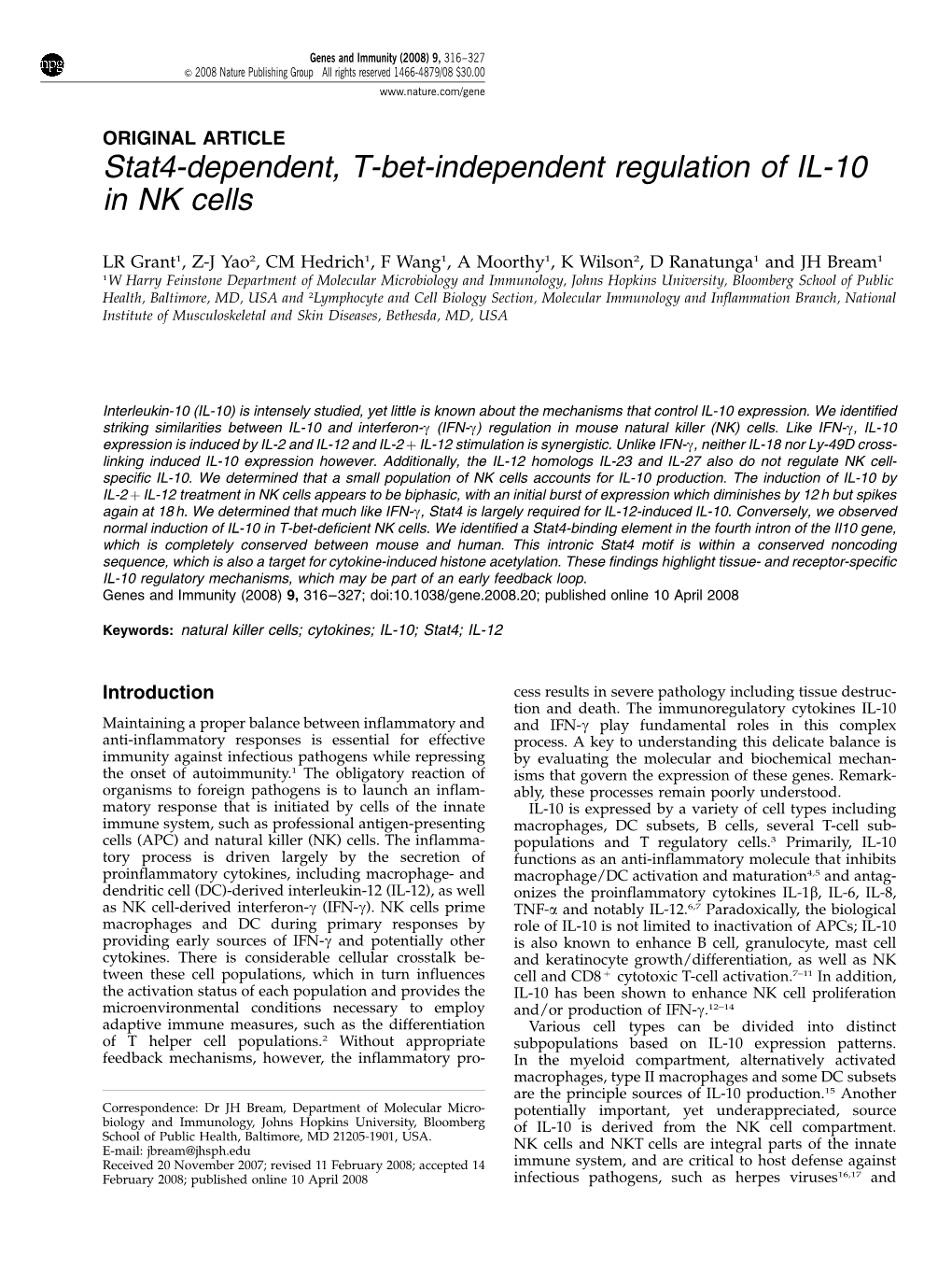 Stat4-Dependent, T-Bet-Independent Regulation of IL-10 in NK Cells