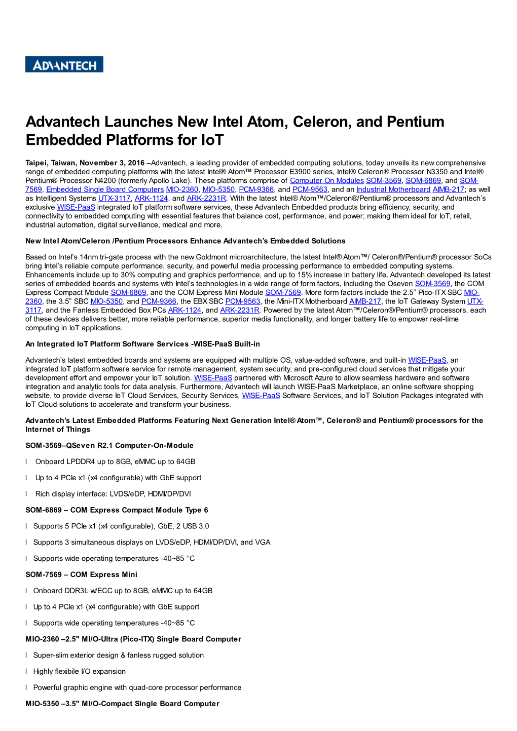 Advantech Launches New Intel Atom, Celeron, and Pentium Embedded Platforms for Iot
