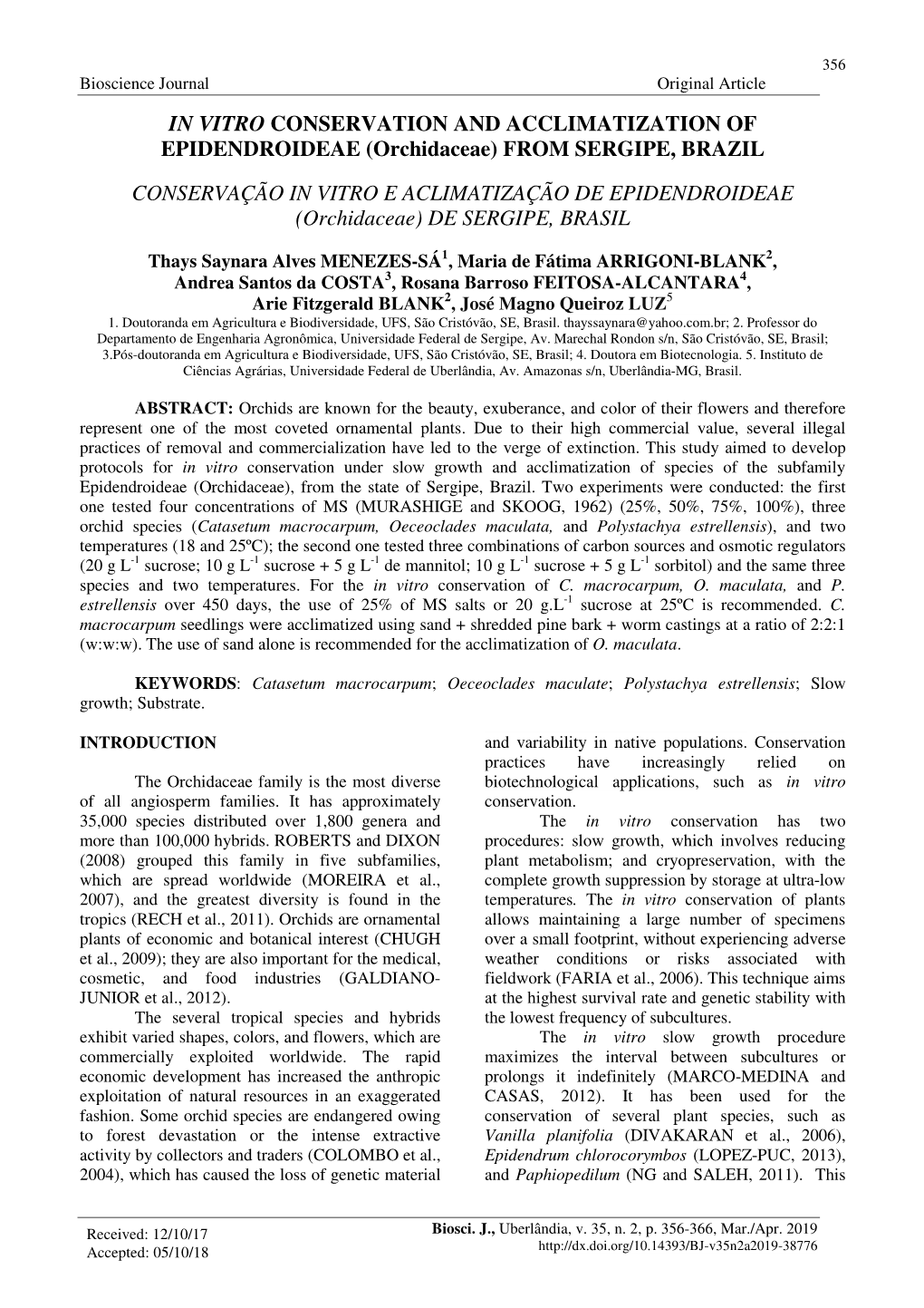 IN VITRO CONSERVATION and ACCLIMATIZATION of EPIDENDROIDEAE (Orchidaceae) from SERGIPE, BRAZIL