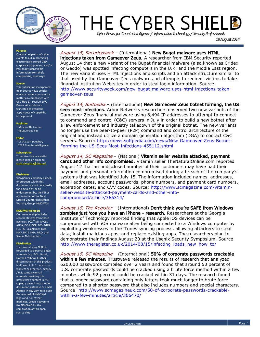 Cyber News for Counterintelligence / Information Technology / Security Professionals 18 August 2014