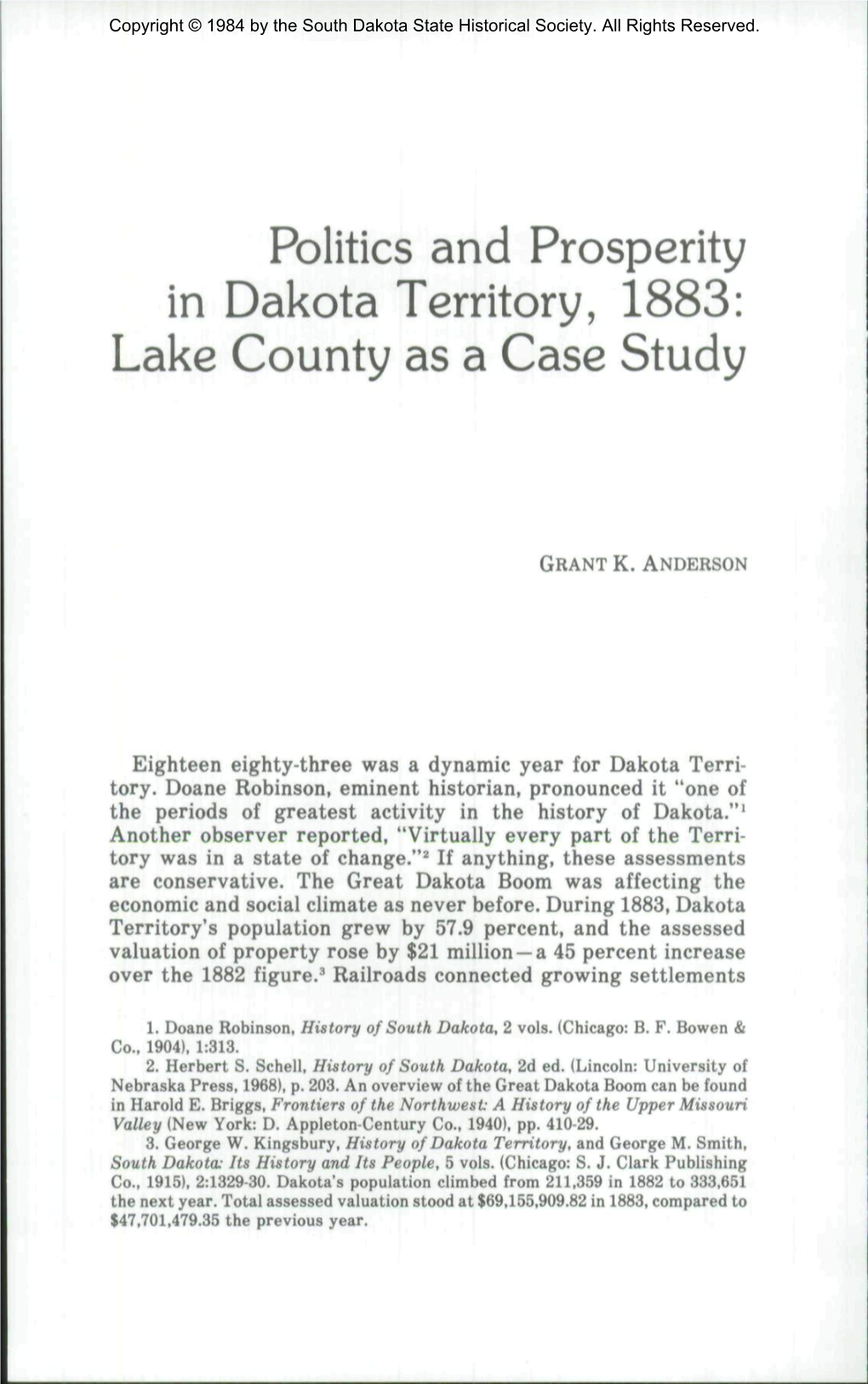 Politics and Prosperity in Dakota Territory, 1883: Lake County As a Case Study