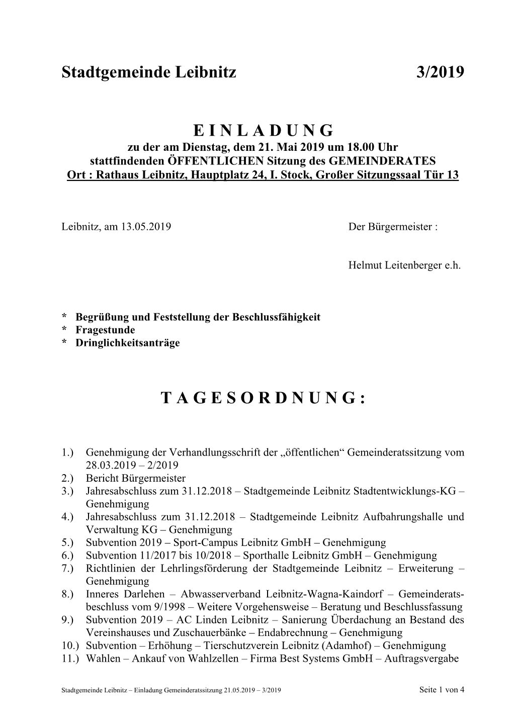 Stadtgemeinde Leibnitz 3/2019 EINLADUNG