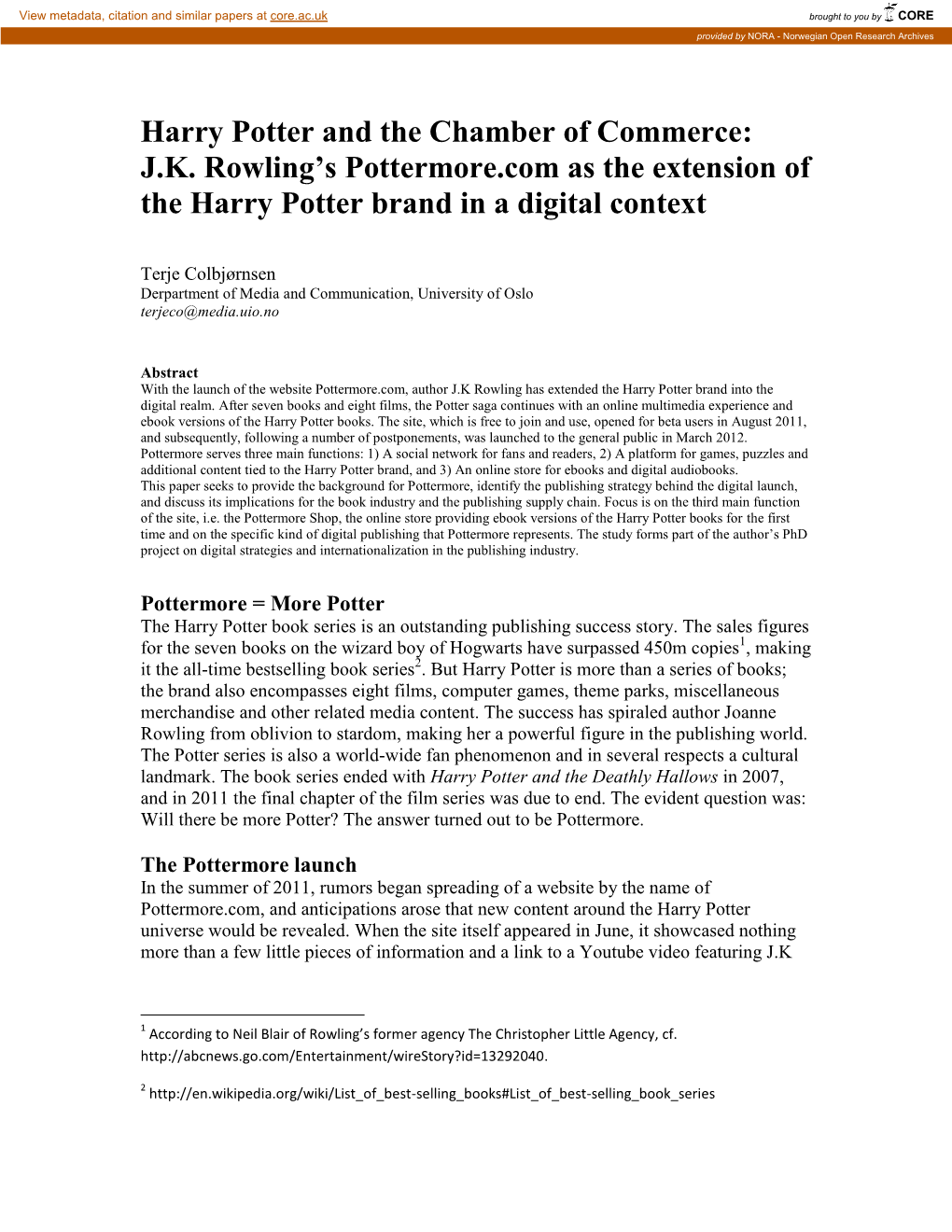 JK Rowling's Pottermore.Com As the Extension of the Harry Potter Brand