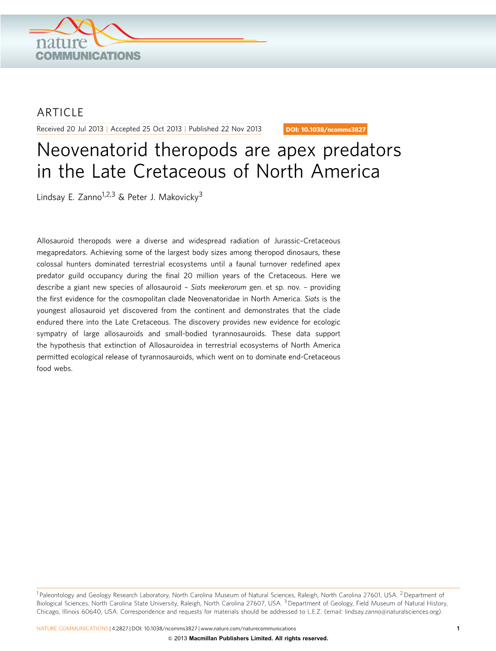 Neovenatorid Theropods Are Apex Predators in the Late Cretaceous of North America