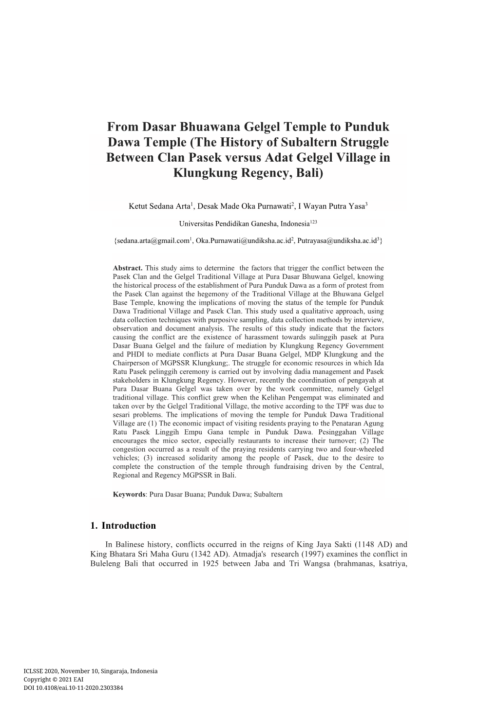 From Dasar Bhuawana Gelgel Temple to Punduk Dawa Temple (The History of Subaltern Struggle Between Clan Pasek Versus Adat Gelgel Village in Klungkung Regency, Bali)