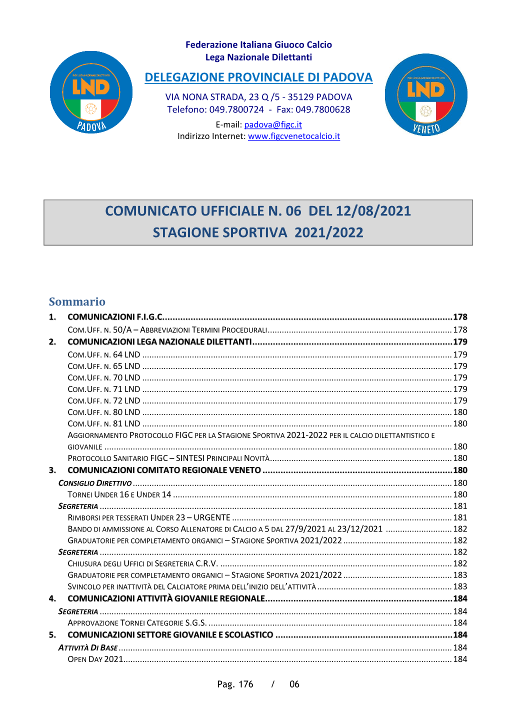Comunicato Ufficiale N. 06 Del 12/08/2021 Stagione Sportiva 2021/2022