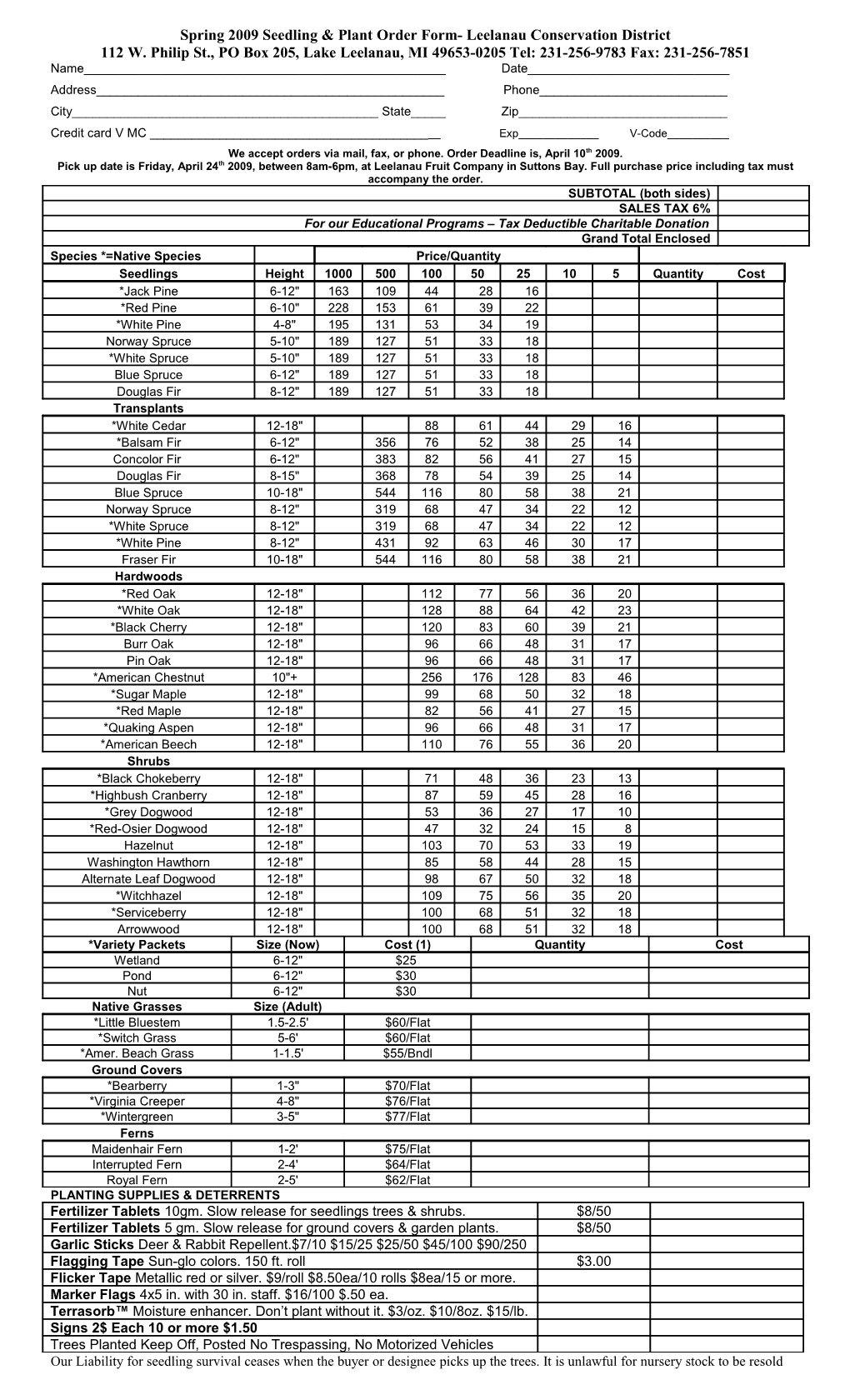 Spring 2009 Seedling & Plant Order Form- Leelanau Conservation District