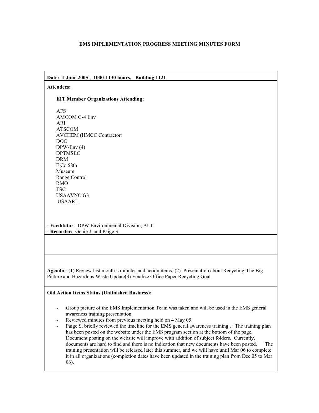 Ems Implementation Progress Meeting Minutes Form