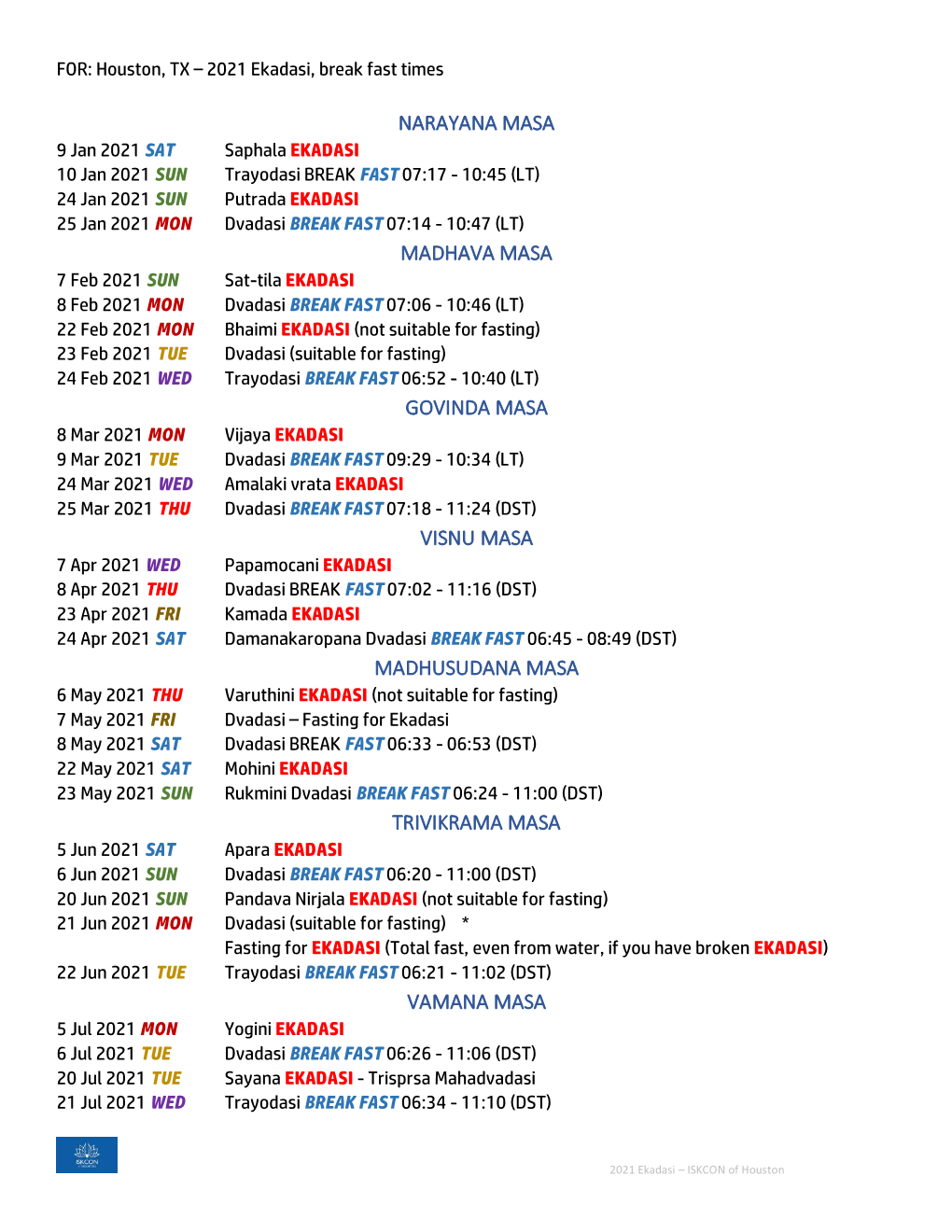 2021 Ekadasi Calendar