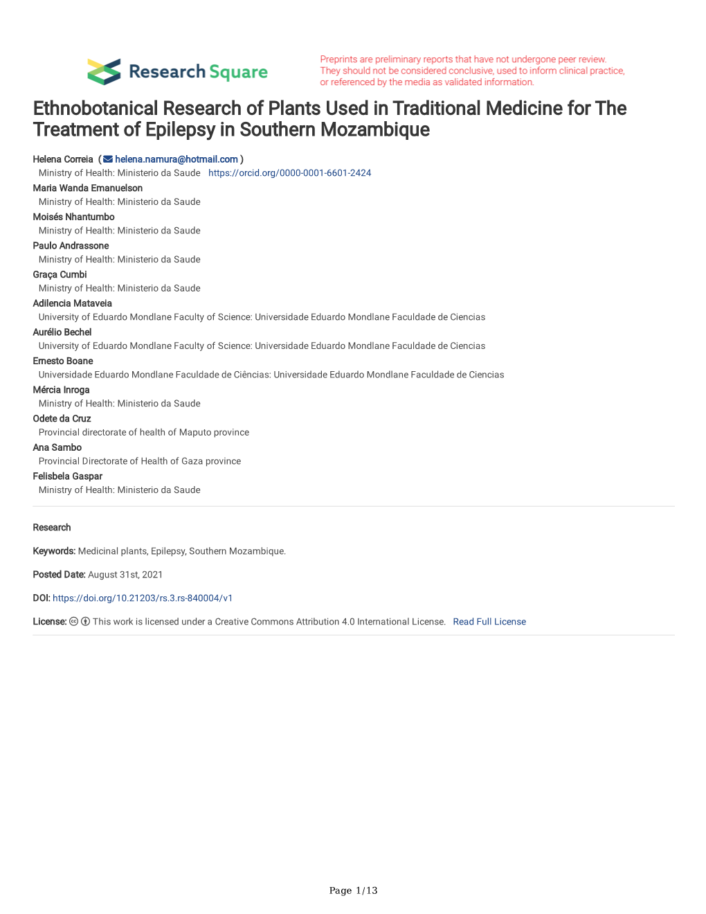 Ethnobotanical Research of Plants Used in Traditional Medicine for the Treatment of Epilepsy in Southern Mozambique