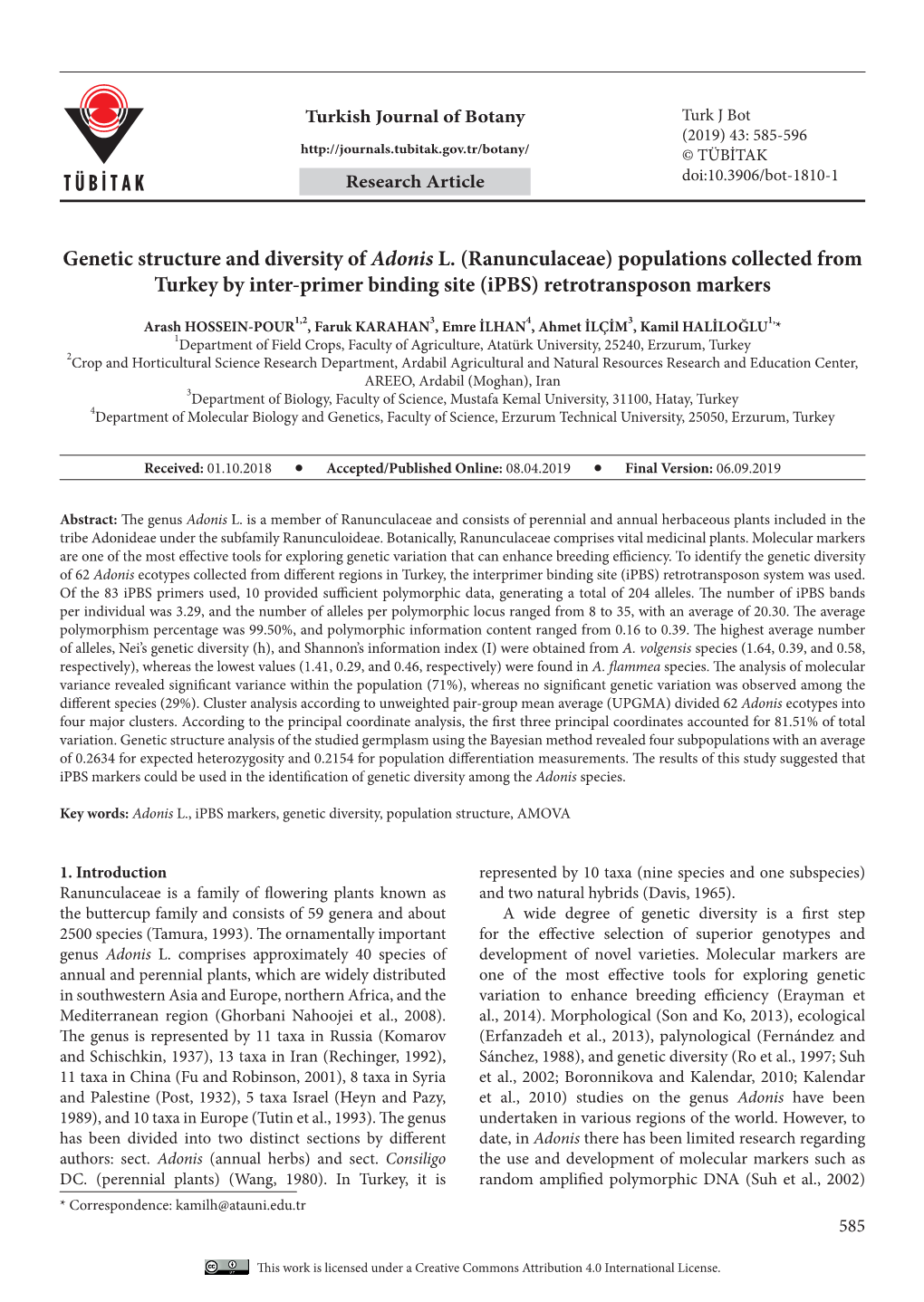 Genetic Structure and Diversity of Adonis L. (Ranunculaceae) Populations Collected from Turkey by Inter-Primer Binding Site (Ipbs) Retrotransposon Markers