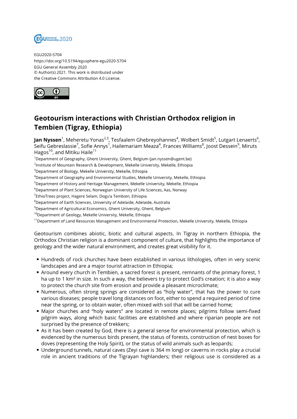 Geotourism Interactions with Christian Orthodox Religion in Tembien (Tigray, Ethiopia)