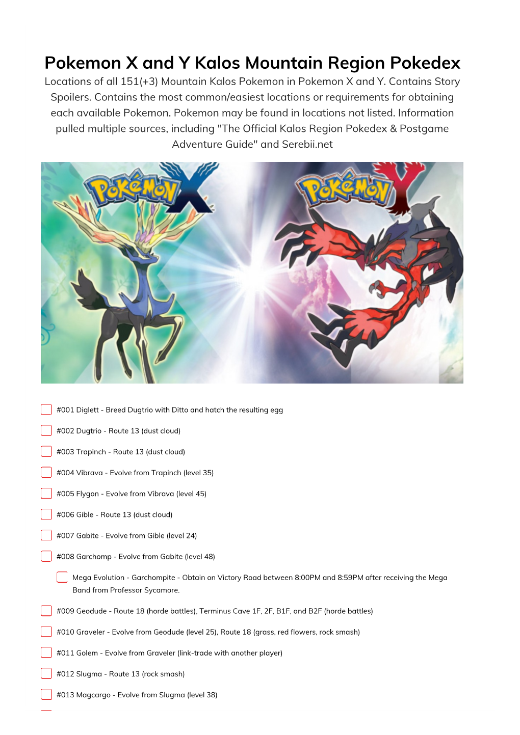 Pokemon X and Y Kalos Mountain Region Pokedex Locations of All 151(+3) Mountain Kalos Pokemon in Pokemon X and Y