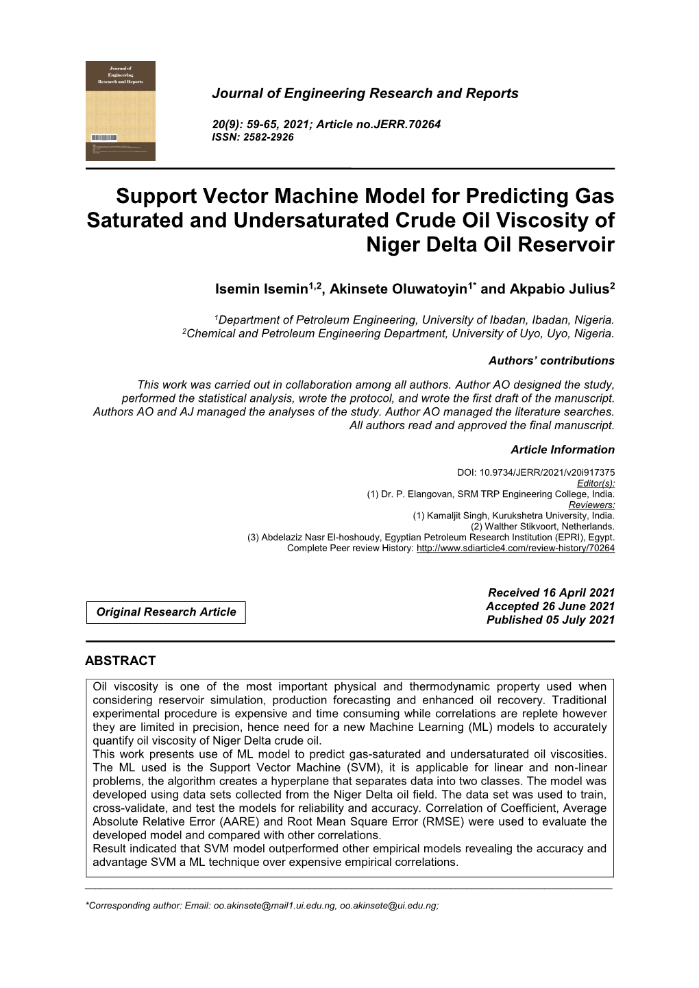 Support Vector Machine Model for Predicting Gas Saturated and Undersaturated Crude Oil Viscosity of Niger Delta Oil Reservoir