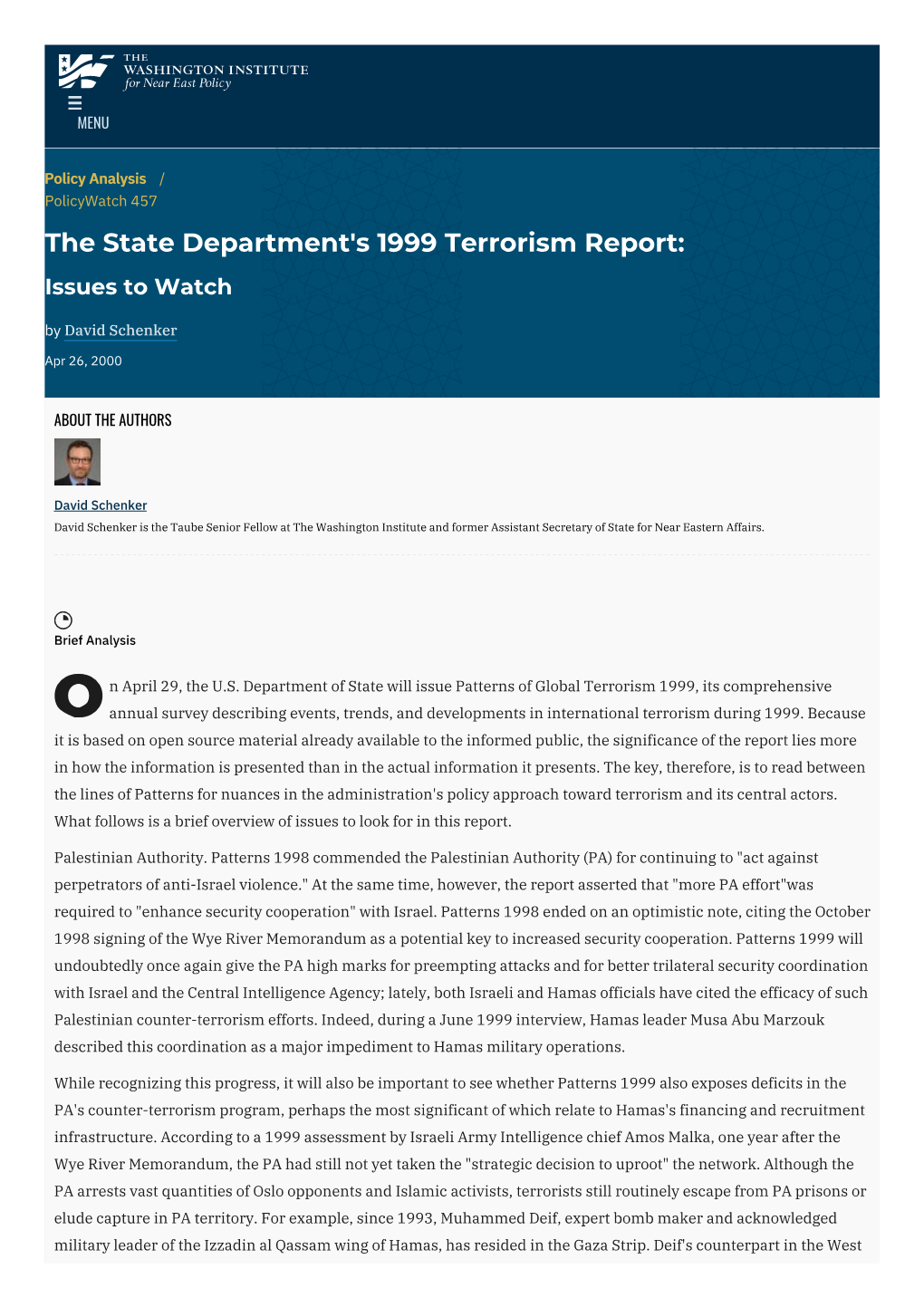 The State Department's 1999 Terrorism Report: Issues to Watch by David Schenker