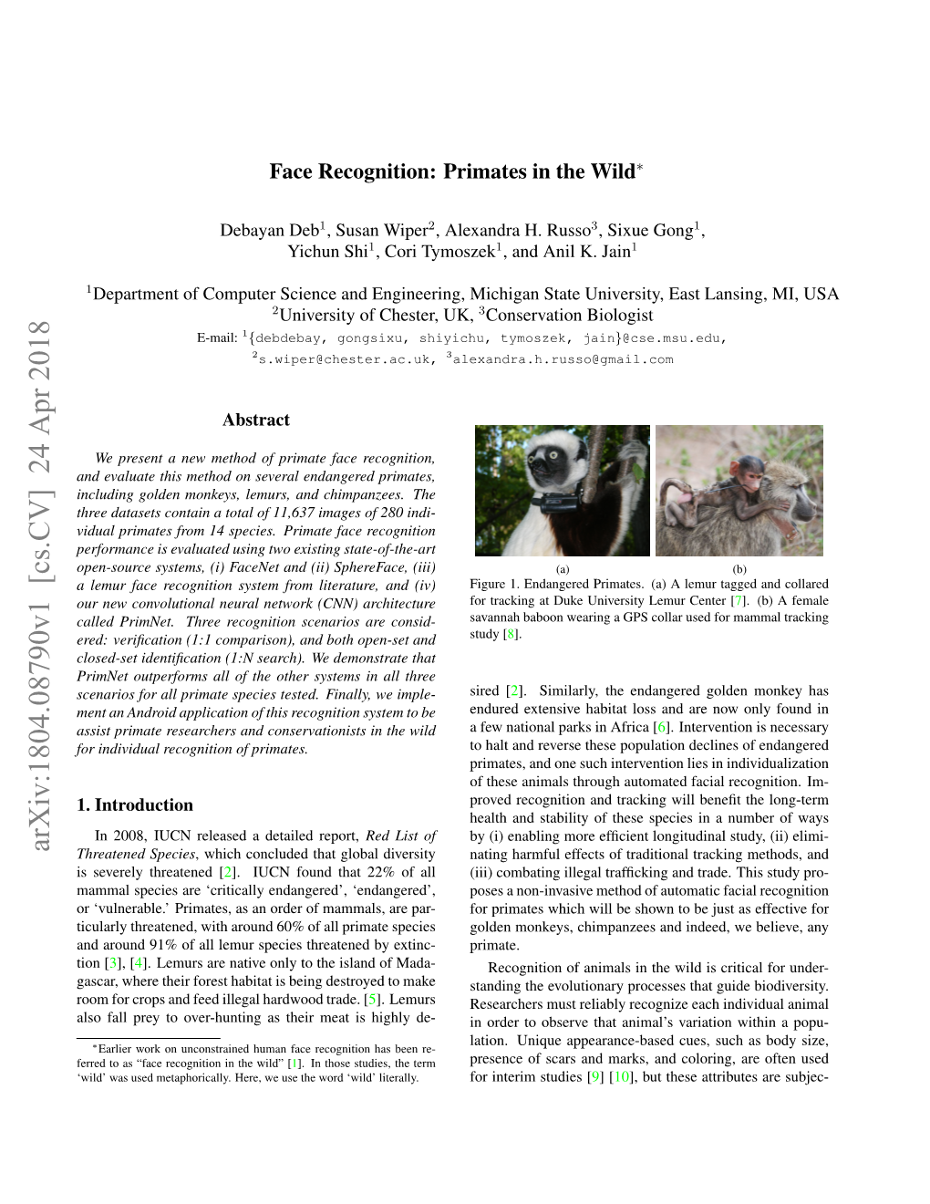 Face Recognition: Primates in the Wild∗