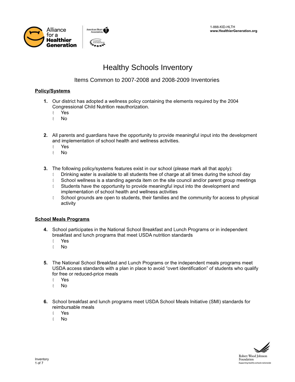 Healthy Schools Inventory: Items Common to 2007-2008 and 2008-2009 Inventories