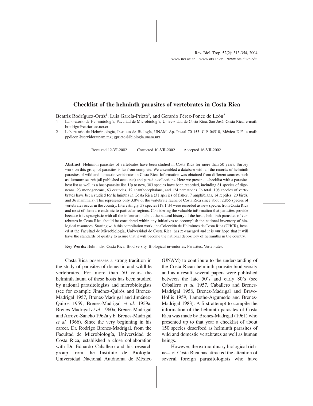 Checklist of the Helminth Parasites of Vertebrates in Costa Rica