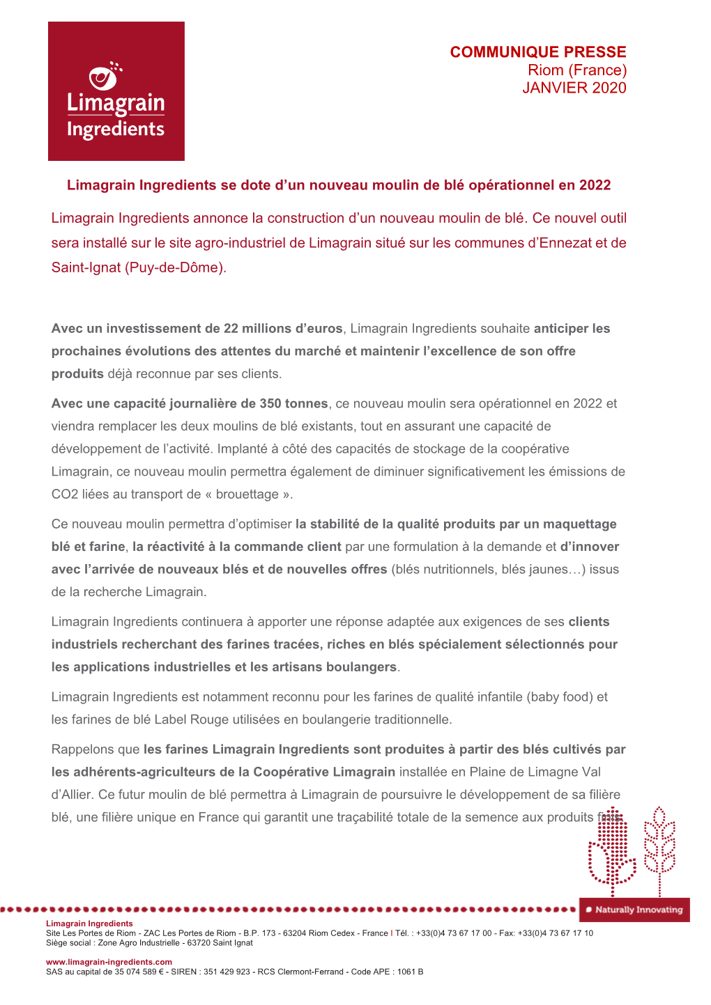 COMMUNIQUE PRESSE Riom (France) JANVIER 2020