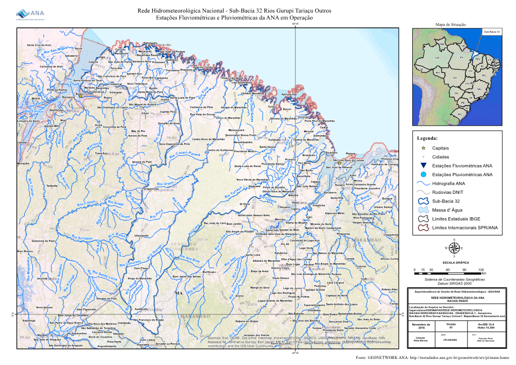 Sub-Bacia 32 Rios Gurupi Tariaçu Outros Estações Fluviométricas E Pluviométricas Da ANA Em Operação 45°W Mapa De Situação
